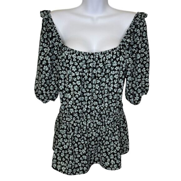 Nine West Peplum Short Balloon Sleeve Blue and White Floral Top Blouse Size L - Picture 1 of 11